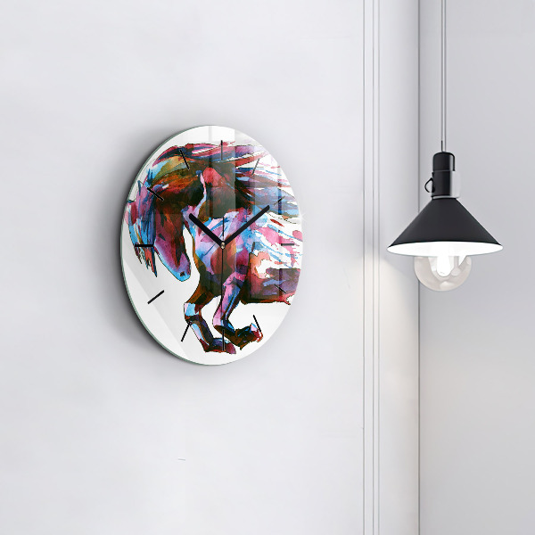 Round glass wall clock A horse on the run