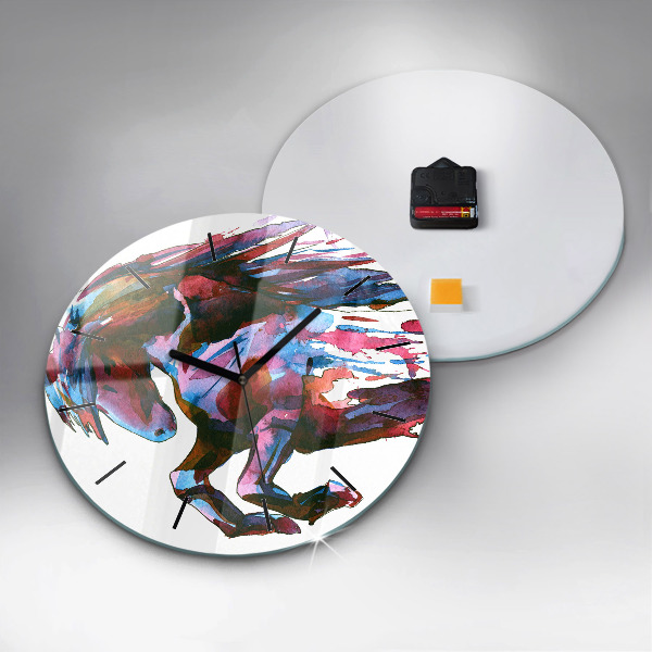 Round glass wall clock A horse on the run