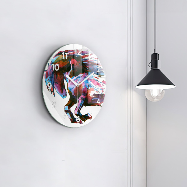 Round glass wall clock A horse on the run