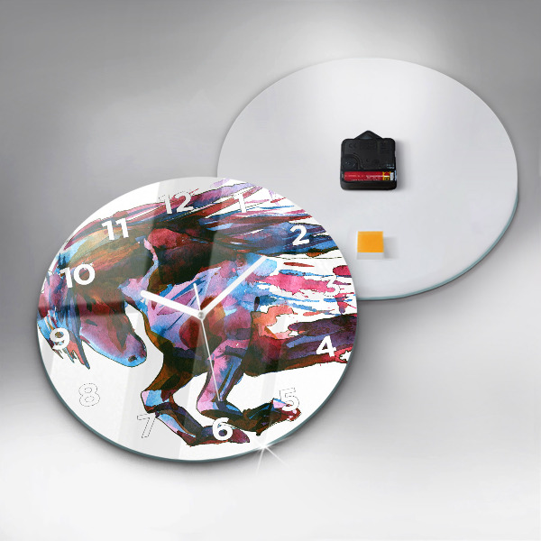Round glass wall clock A horse on the run