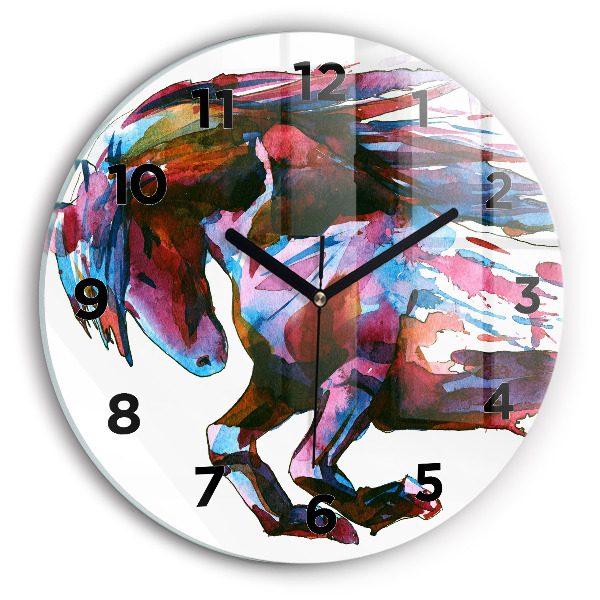 Round glass wall clock A horse on the run