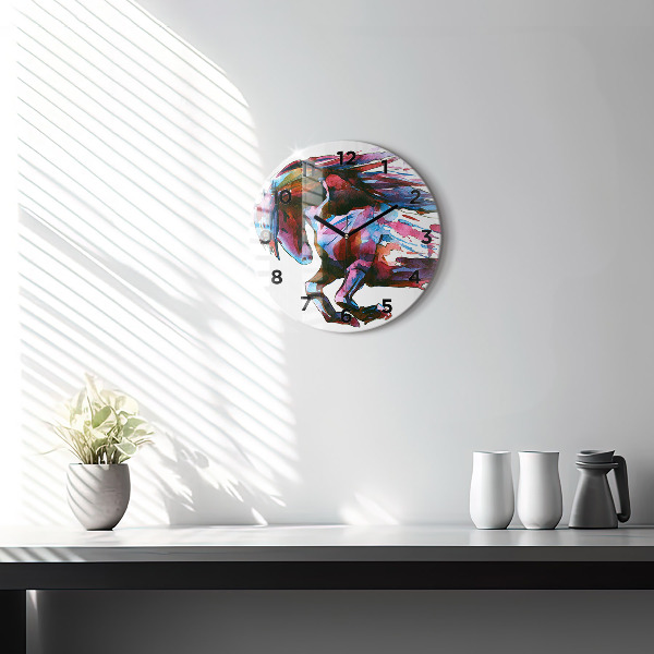 Round glass wall clock A horse on the run