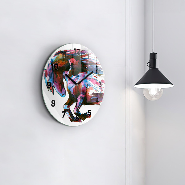 Round glass wall clock A horse on the run