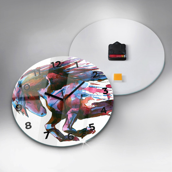 Round glass wall clock A horse on the run