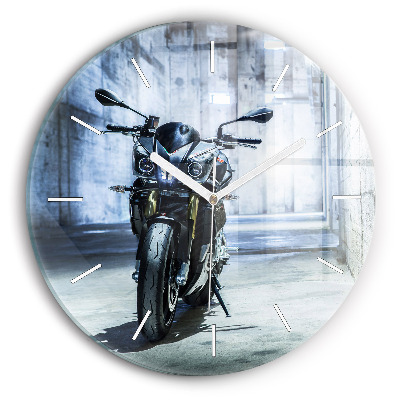 Round glass wall clock Motorcycle in the alley