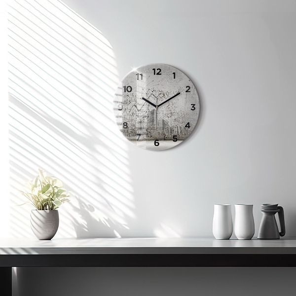 Round glass wall clock City sketch