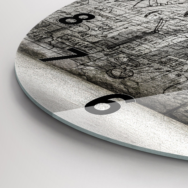 Round glass wall clock City sketch
