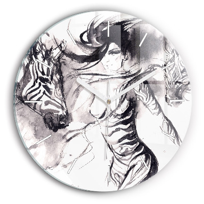 Round glass wall clock Woman and zebras