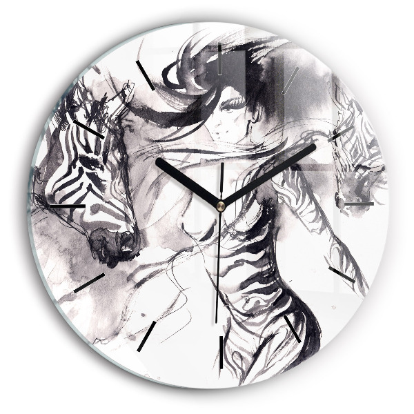 Round glass wall clock Woman and zebras