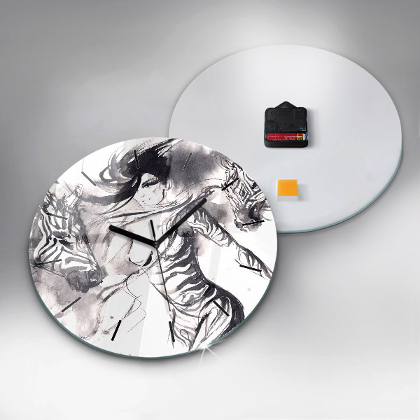 Round glass wall clock Woman and zebras