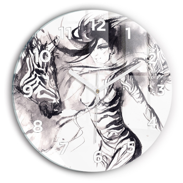 Round glass wall clock Woman and zebras