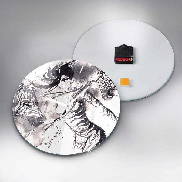 Round glass wall clock Woman and zebras