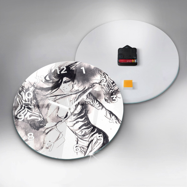 Round glass wall clock Woman and zebras