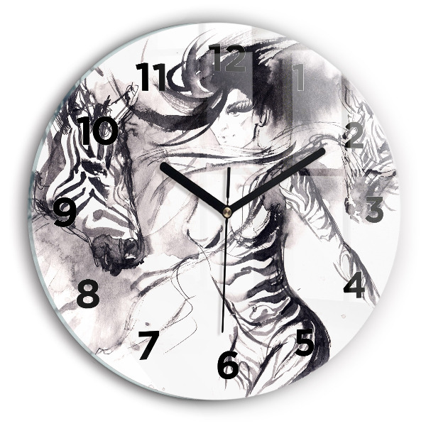 Round glass wall clock Woman and zebras