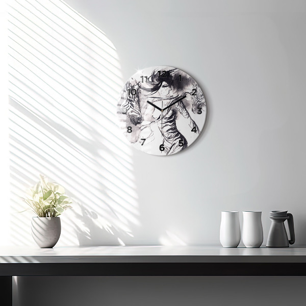 Round glass wall clock Woman and zebras