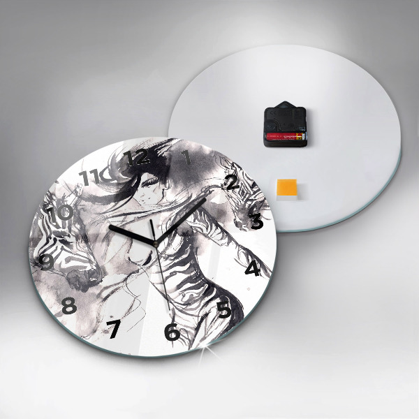 Round glass wall clock Woman and zebras
