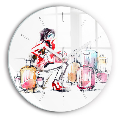 Round glass wall clock Woman with suitcases