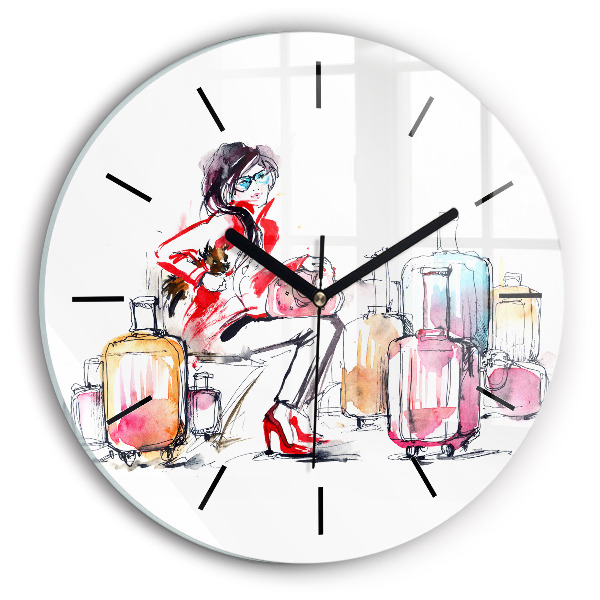 Round glass wall clock Woman with suitcases