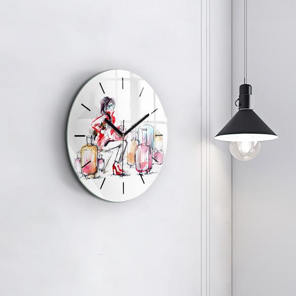 Round glass wall clock Woman with suitcases