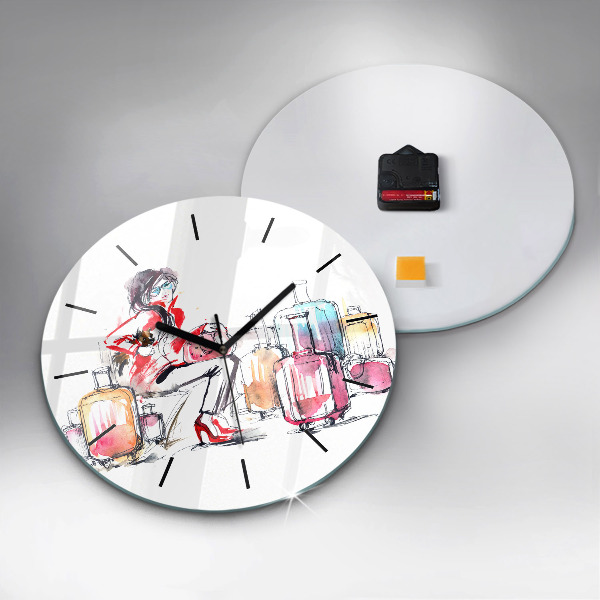 Round glass wall clock Woman with suitcases