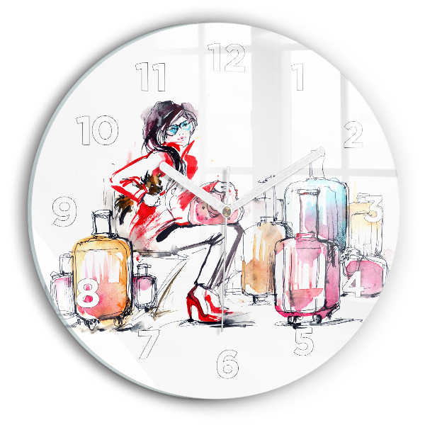 Round glass wall clock Woman with suitcases