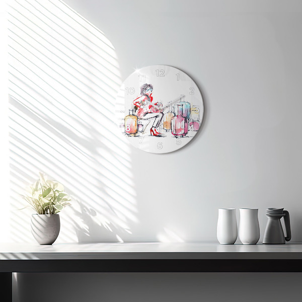 Round glass wall clock Woman with suitcases