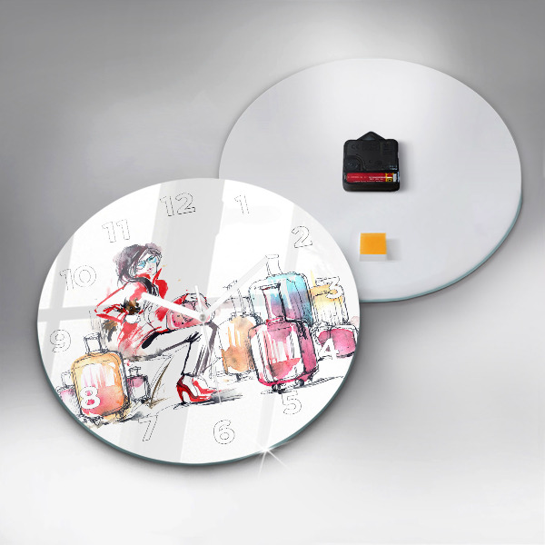 Round glass wall clock Woman with suitcases