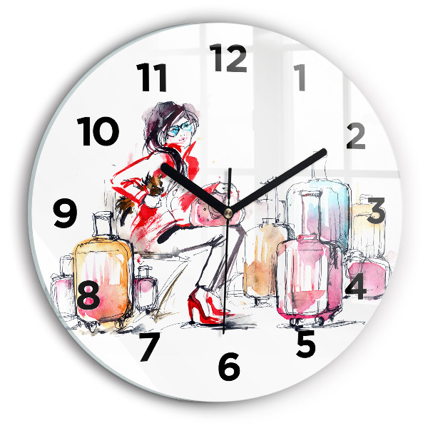 Round glass wall clock Woman with suitcases