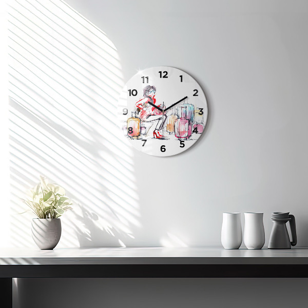 Round glass wall clock Woman with suitcases