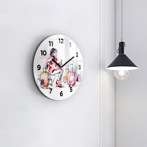 Round glass wall clock Woman with suitcases