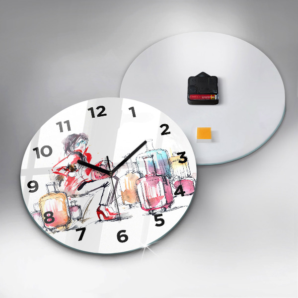 Round glass wall clock Woman with suitcases