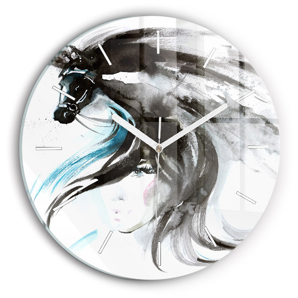 Round glass wall clock Abstract horse and woman