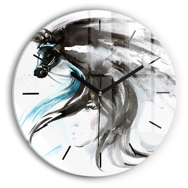 Round glass wall clock Abstract horse and woman