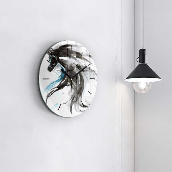 Round glass wall clock Abstract horse and woman