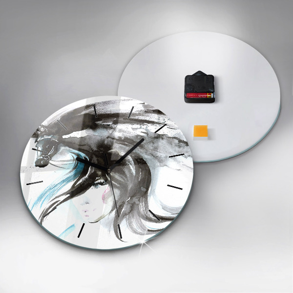Round glass wall clock Abstract horse and woman