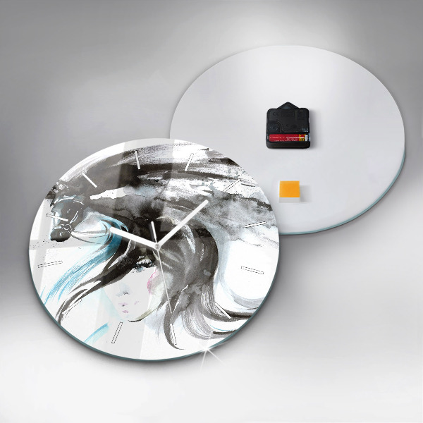 Round glass wall clock Abstract horse and woman