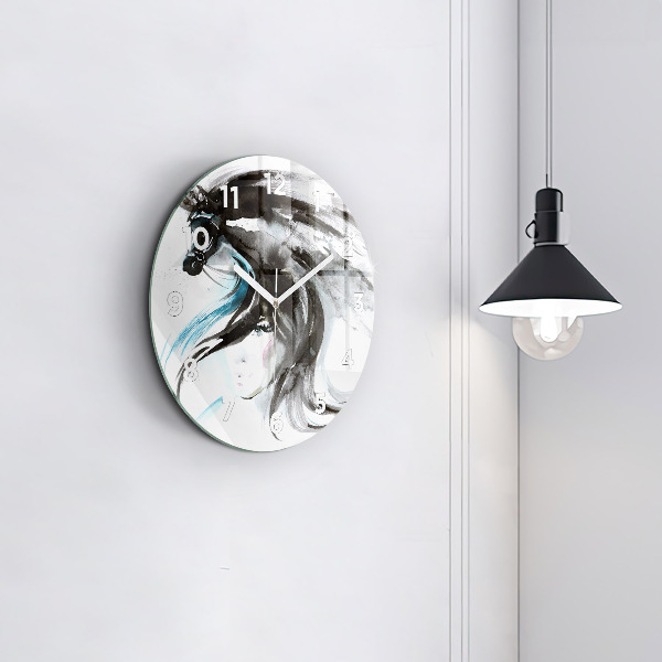Round glass wall clock Abstract horse and woman