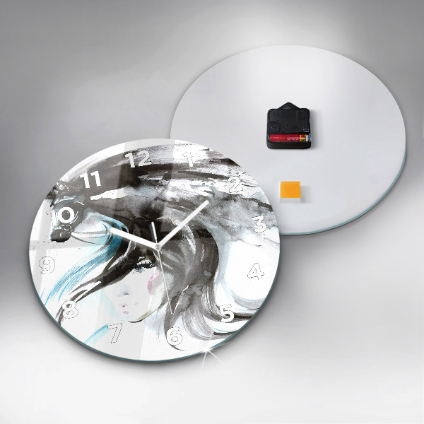 Round glass wall clock Abstract horse and woman