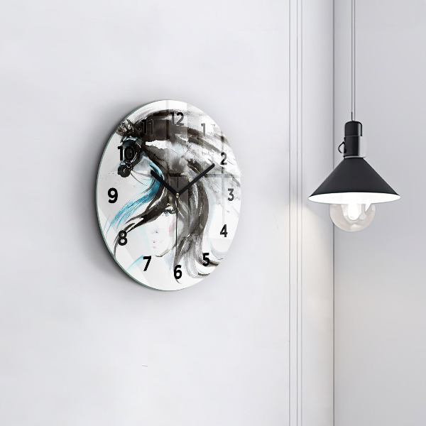 Round glass wall clock Abstract horse and woman