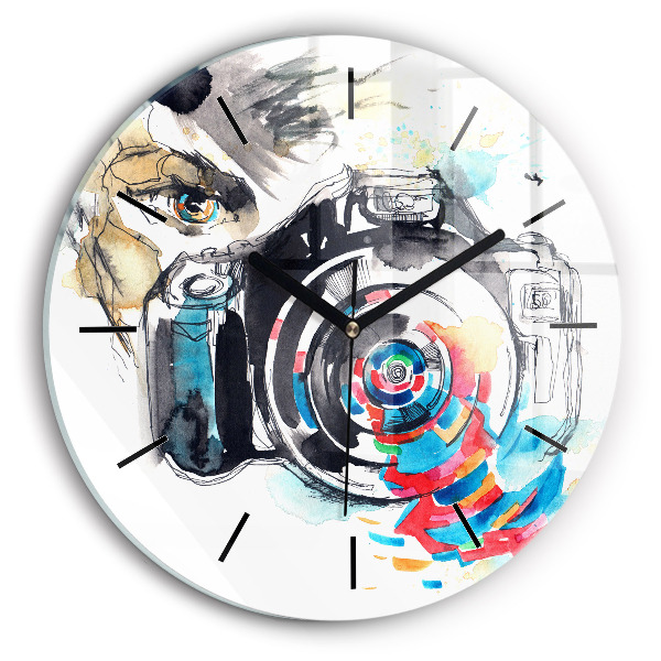 Round glass wall clock Woman photographer