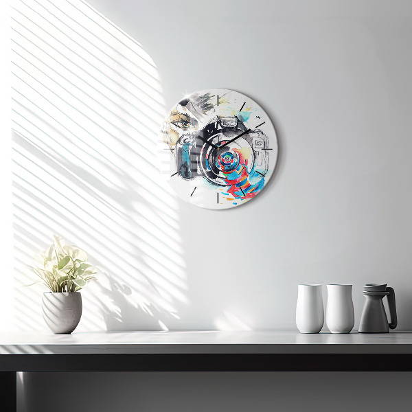 Round glass wall clock Woman photographer