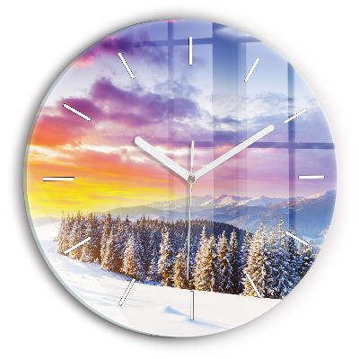 Round glass wall clock Winter Mountain Landscape