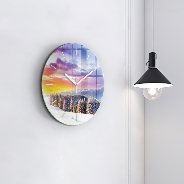 Round glass wall clock Winter Mountain Landscape