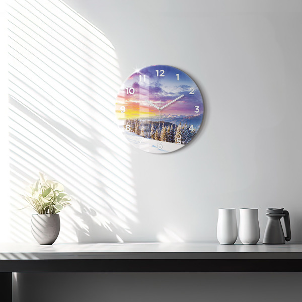 Round glass wall clock Winter Mountain Landscape