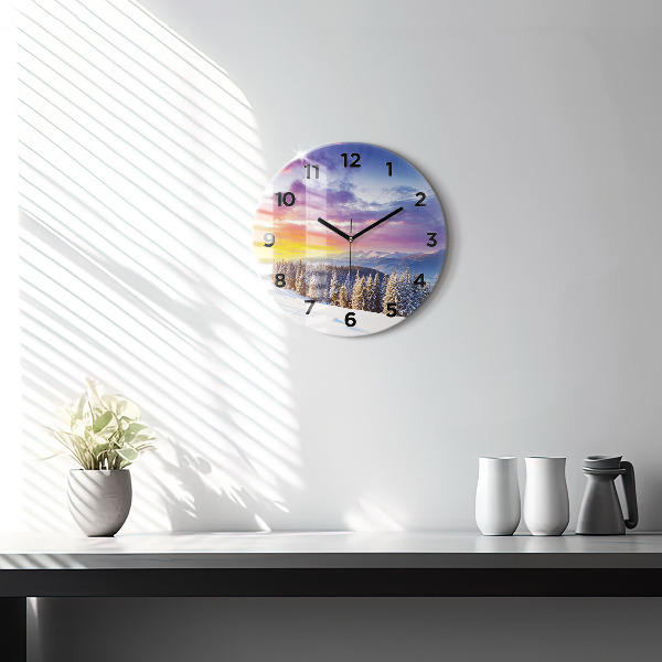 Round glass wall clock Winter Mountain Landscape