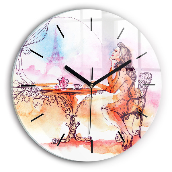 Round glass wall clock Woman drinking tea