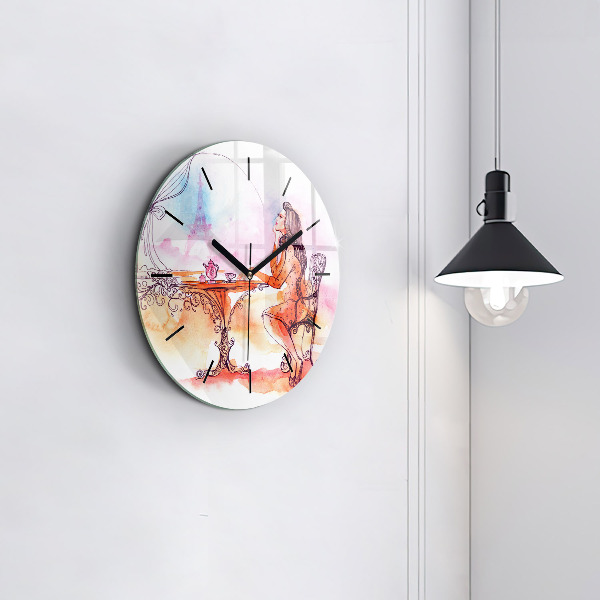 Round glass wall clock Woman drinking tea