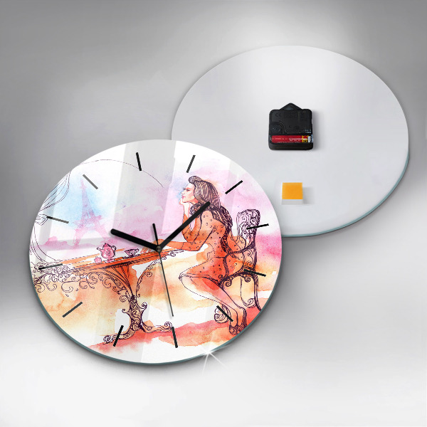 Round glass wall clock Woman drinking tea