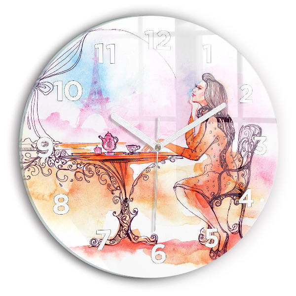 Round glass wall clock Woman drinking tea
