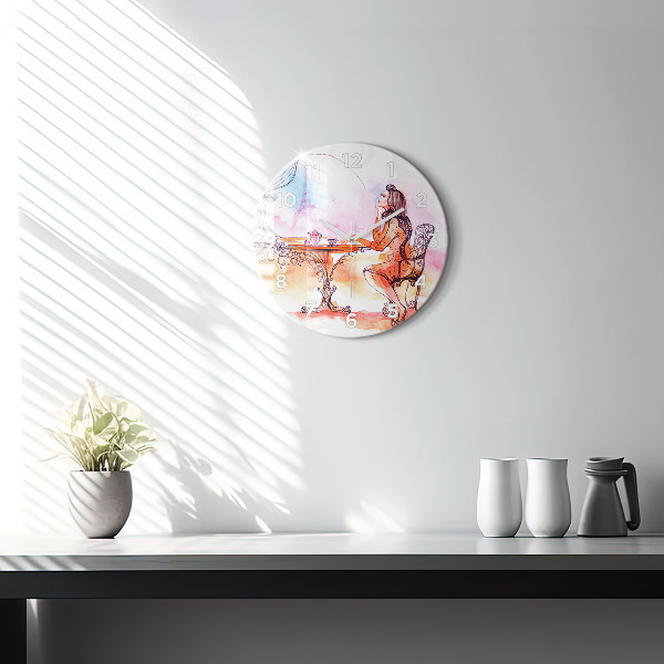 Round glass wall clock Woman drinking tea